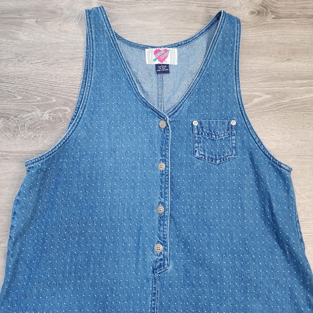 VINTAGE KEREN HART Denim Jean White Polka Dot Maxi Sleeveless Dress - Picture 2 of 11